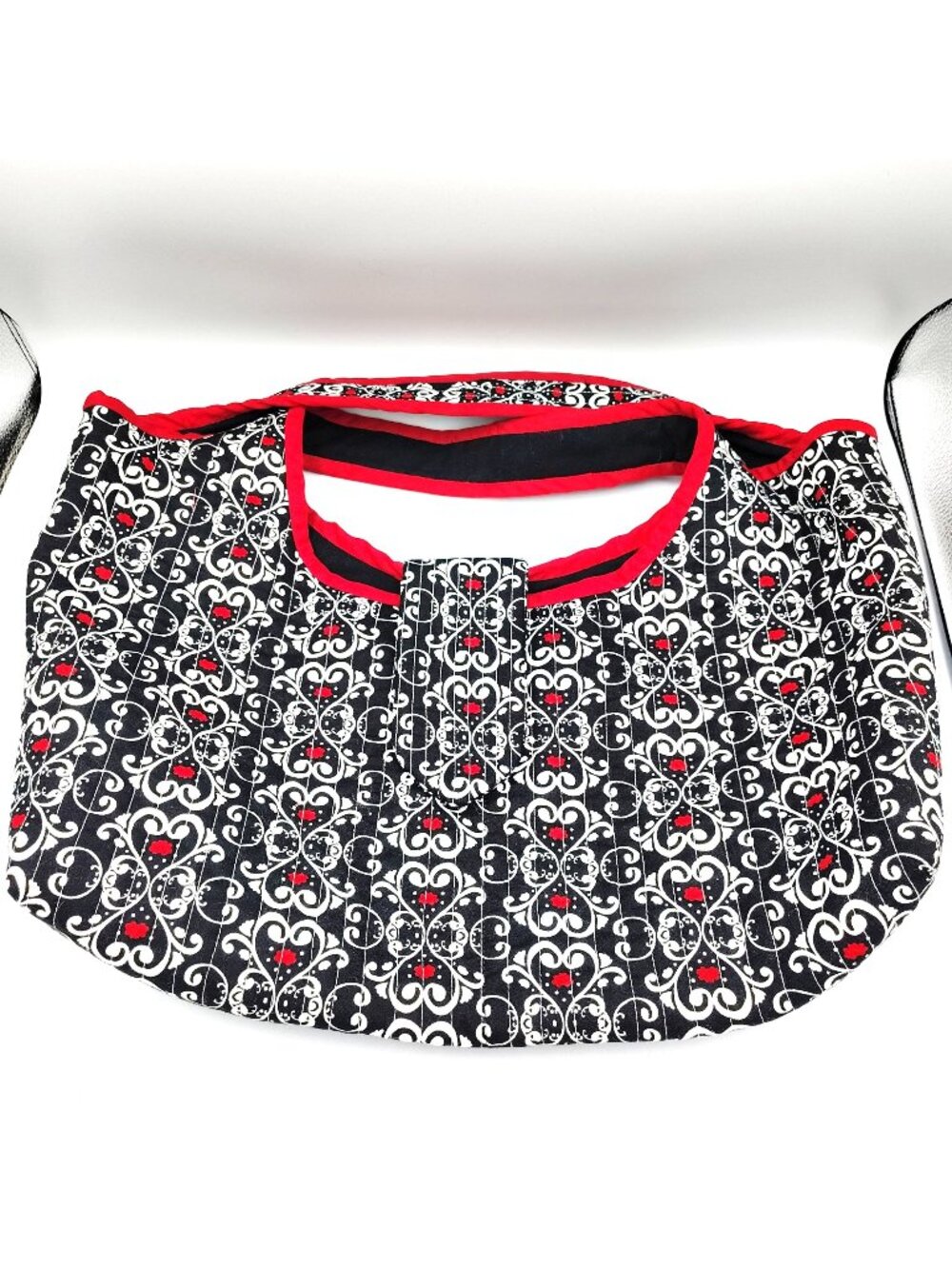 Handmade Quilted Tote Bag Black White Red Hearts Wide Strap Shoulder Purse